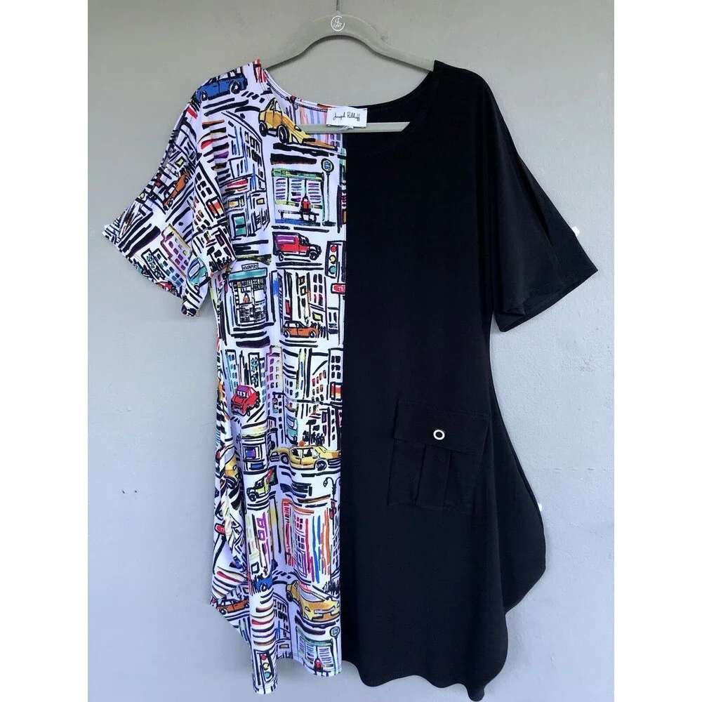Joseph Ribkoff Dress Size 14/XL Black City Print Jersey Stretch Artsy Whimsical